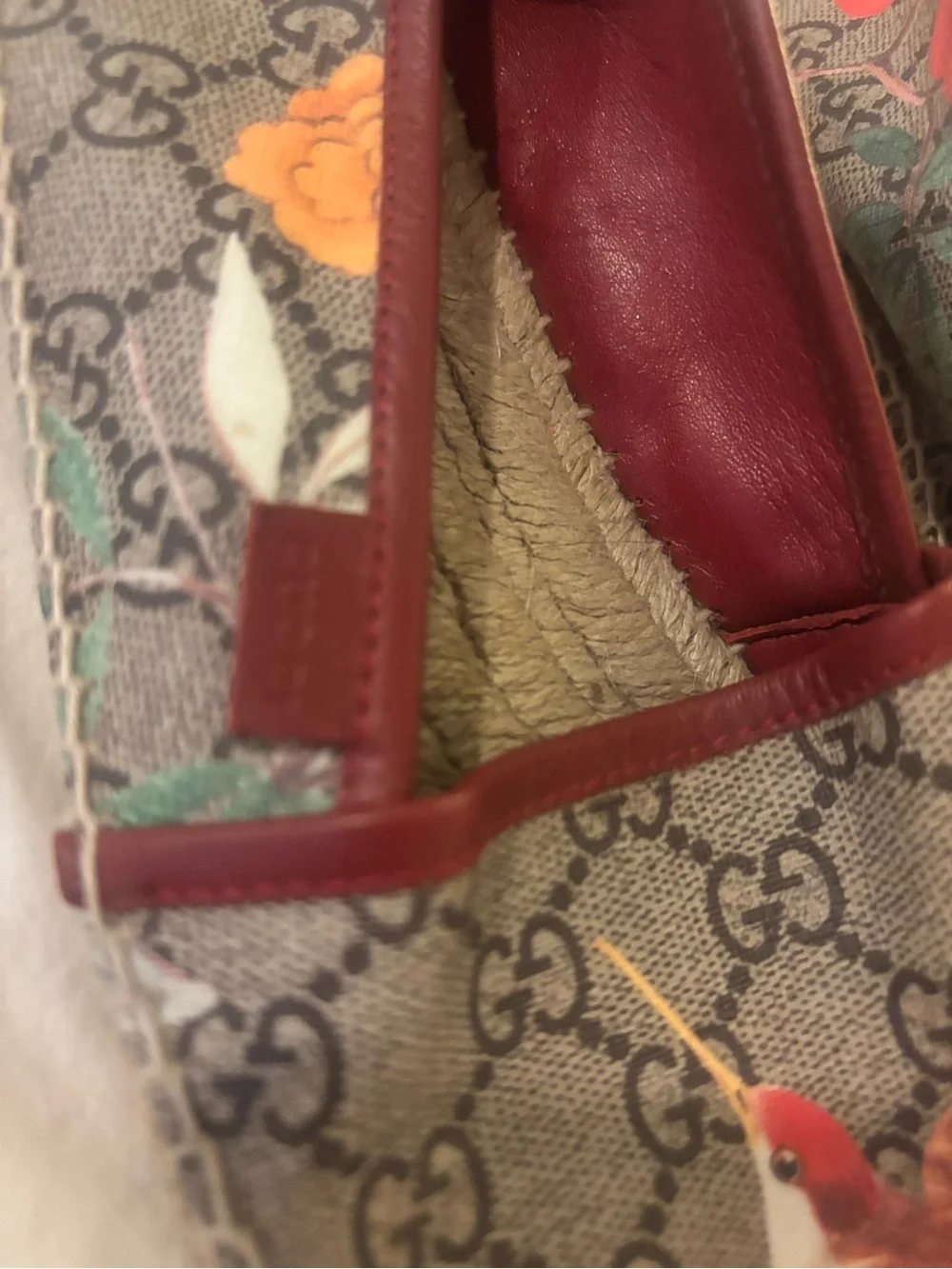 Gucci Brown Monogram Hummingbird & Floral Espadrille Flats with Red Trim